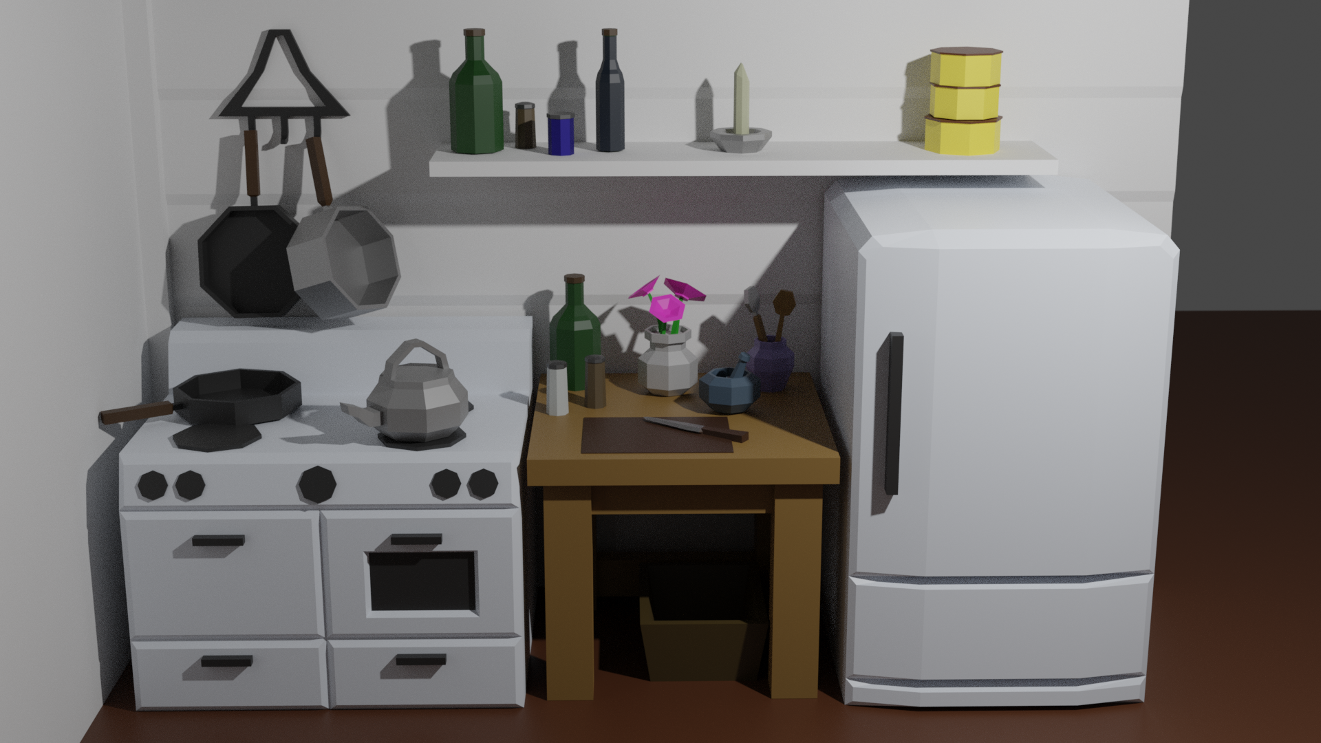 A kitchen scene, modeled in 3D with flat colors and few polygons.