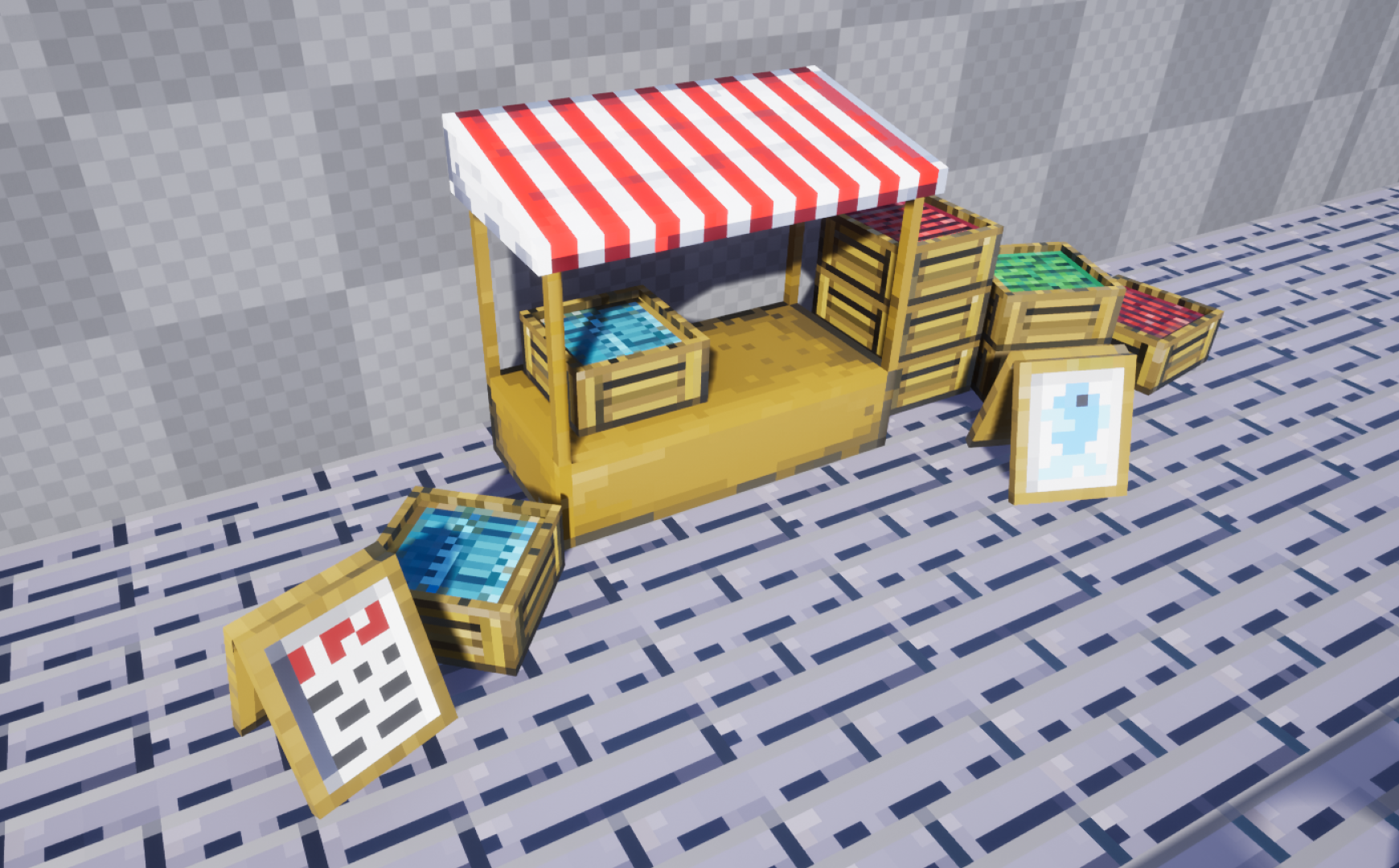 A market stall with boxes of food and signs, modeled in 3D and textured with giant chunky pixels.